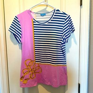 Blue and white stripe with pink